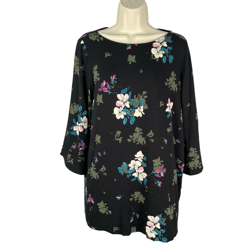 J Jill Top M Black Floral Portrait Boat Neck 3/4 Tulip Sleeve Tunic Wearever